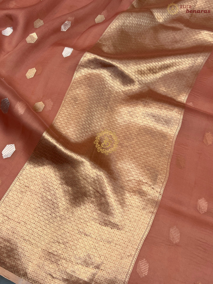 Blush Peach Pure Kora silk Handloom Banarasi Saree