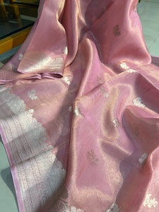 Baby Pink Banarasi Handloom Organza Tissue Silk Saree - Aura Benaras