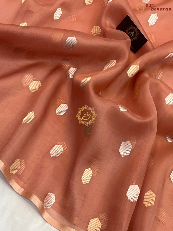Blush Peach Pure Kora silk Handloom Banarasi Saree