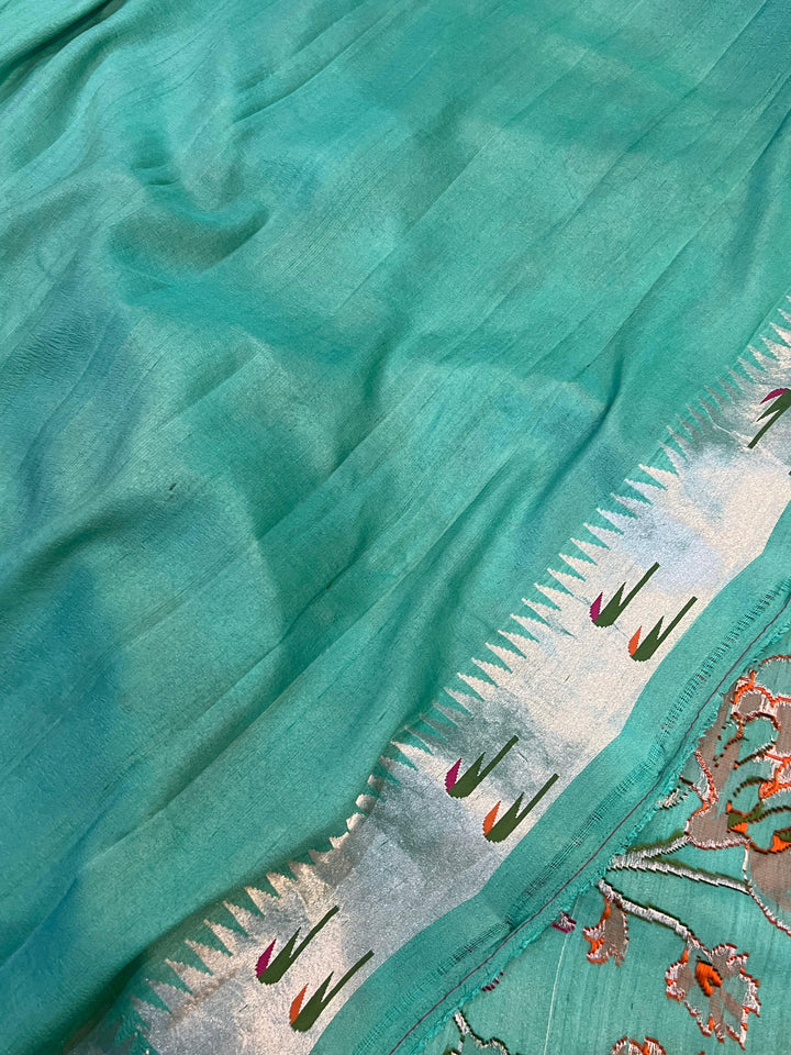 Turquoise Banarasi Handloom Pure Tussar Georgette Saree - Aura Benaras