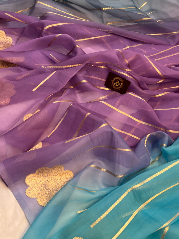 Lavender - Blue Shaded Banarasi Handloom Kora Silk Saree - Aura Benaras