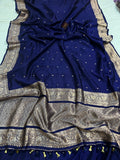 Navy Blue Pure Banarasi Handloom Silk Saree - Aura Benaras