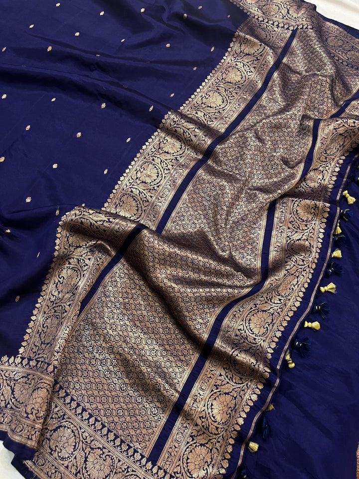 Navy Blue Pure Banarasi Handloom Silk Saree - Aura Benaras