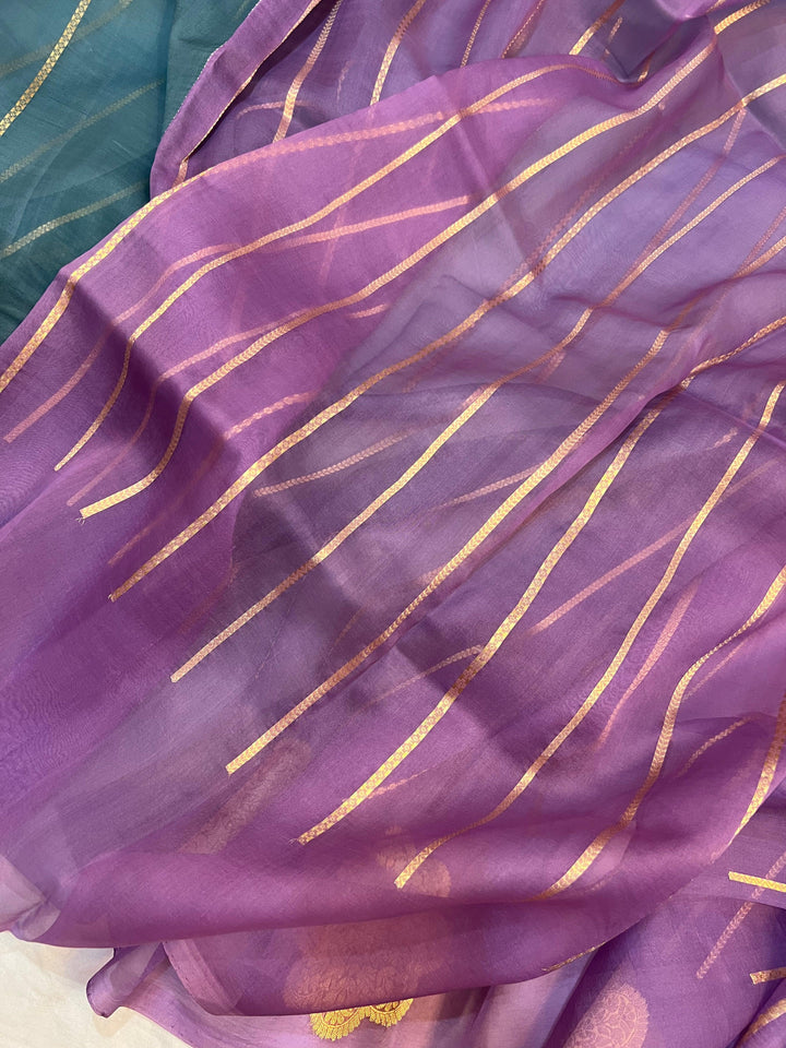 Lavender - Blue Shaded Banarasi Handloom Kora Silk Saree - Aura Benaras