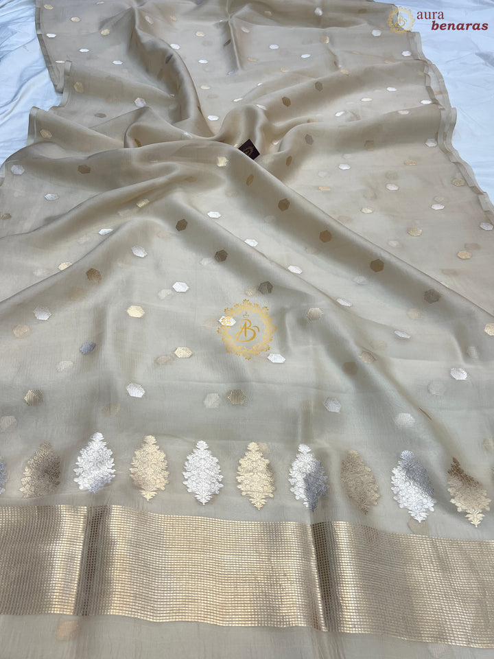 Off White Pure Kora silk Handloom Banarasi Saree