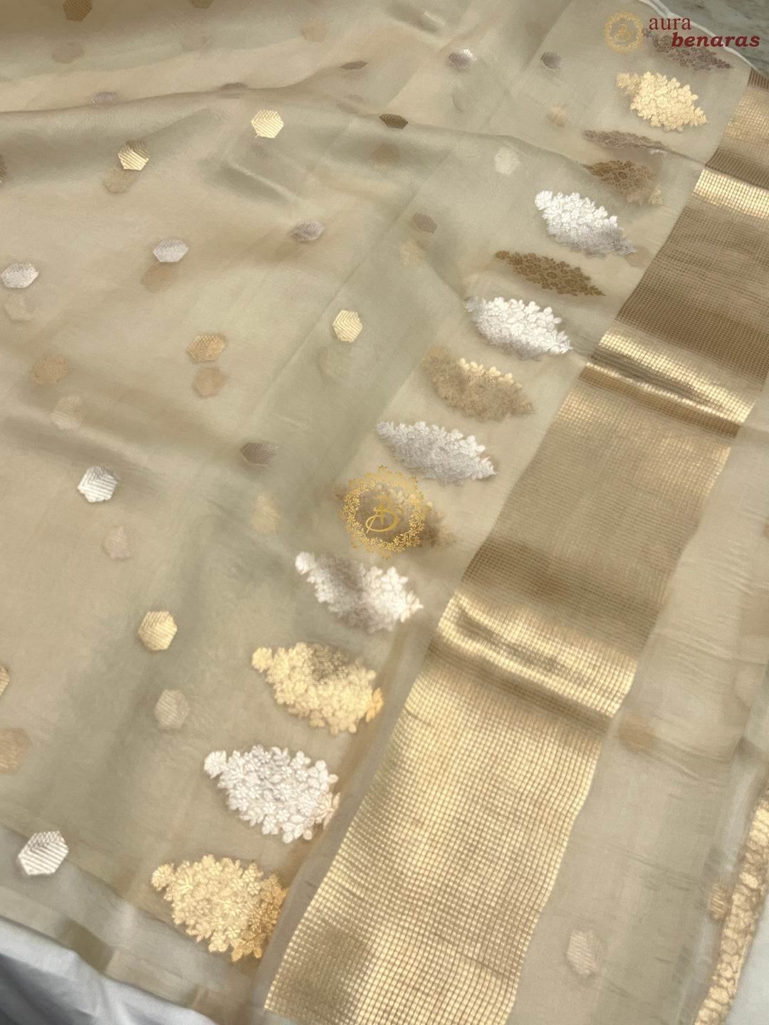 Off White Pure Kora silk Handloom Banarasi Saree