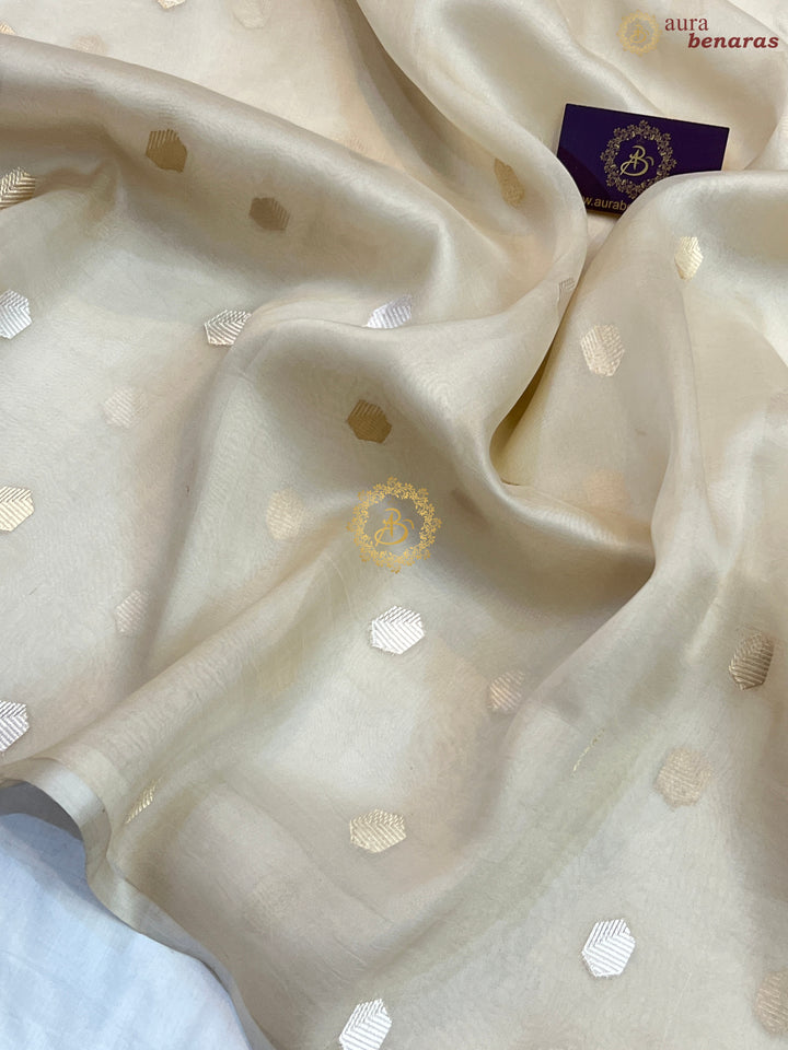 Off White Pure Kora silk Handloom Banarasi Saree