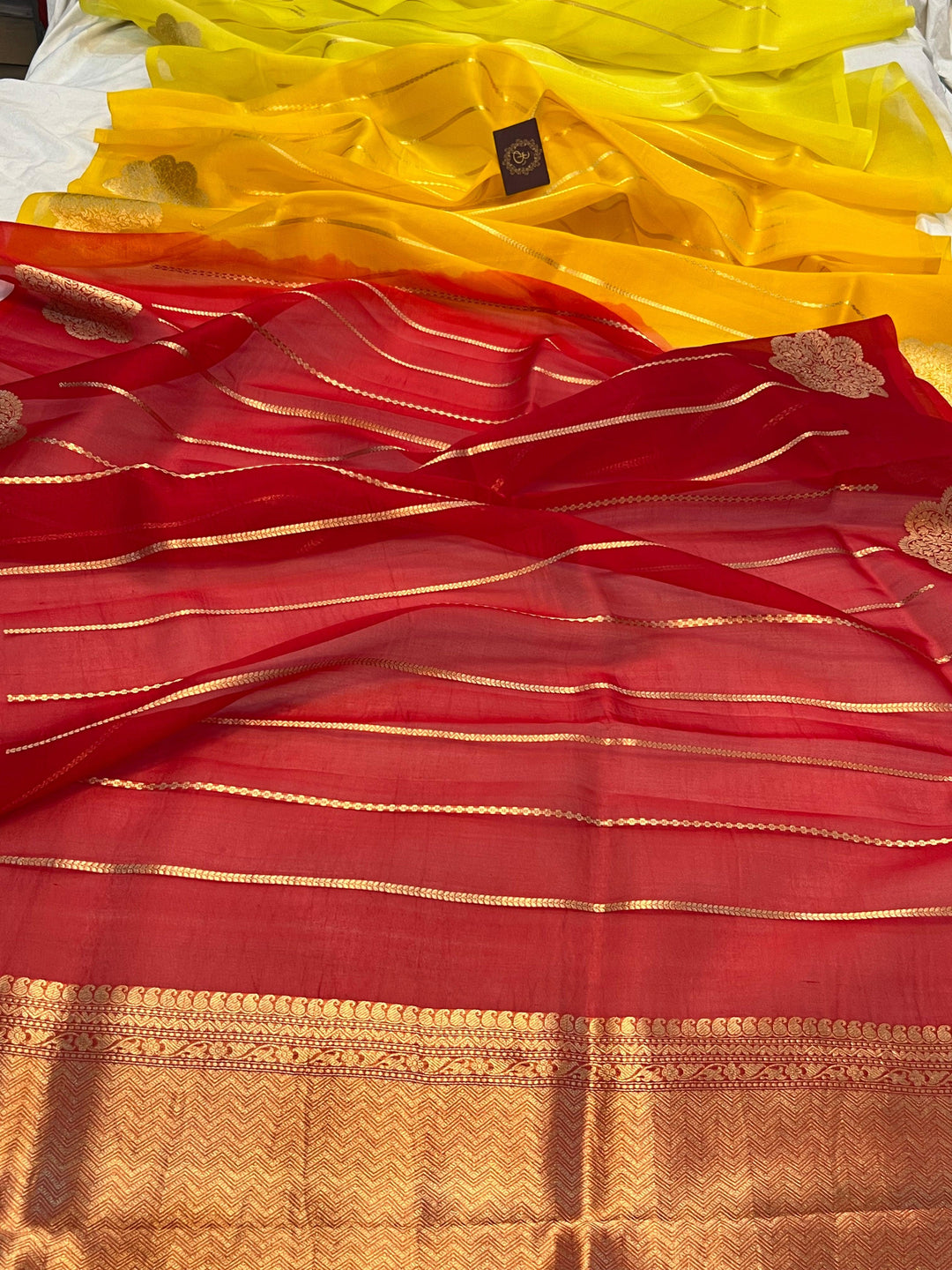 Yellow - Red Shaded Banarasi Handloom Kora Silk Saree - Aura Benaras