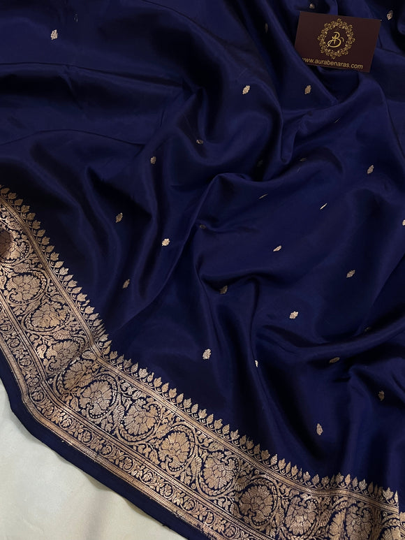 Navy Blue Pure Banarasi Handloom Silk Saree - Aura Benaras