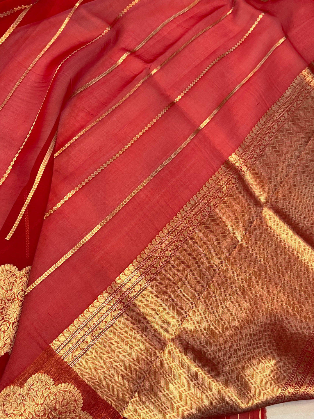 Yellow - Red Shaded Banarasi Handloom Kora Silk Saree - Aura Benaras