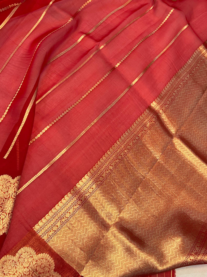 Yellow - Red Shaded Banarasi Handloom Kora Silk Saree - Aura Benaras