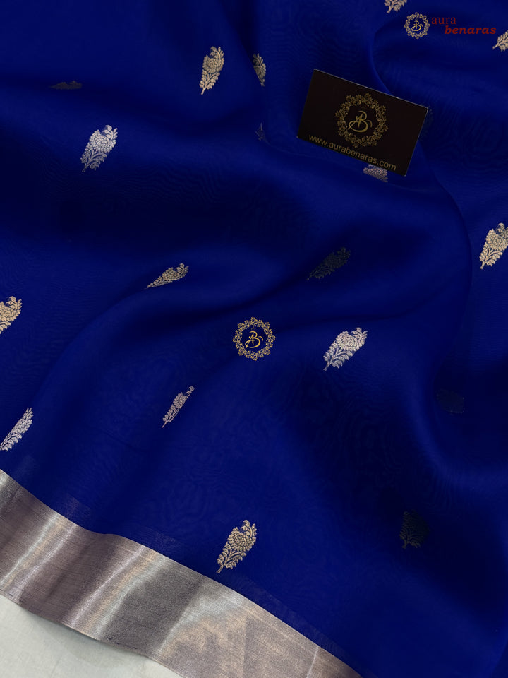 Royal Blue Pure Silk Banarasi Saree with Kadhwa Floral Motifs 