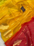 Yellow - Red Shaded Banarasi Handloom Kora Silk Saree - Aura Benaras
