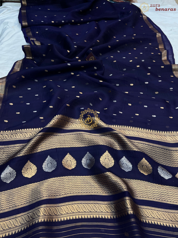 Mid Night Blue Pure Kora Silk Handloom Banarasi Saree