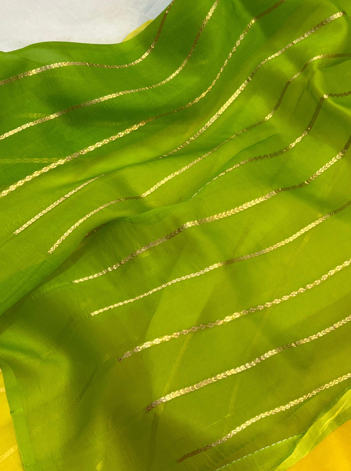 Green - Blue Shaded Banarasi Handloom Kora Silk Saree - Aura Benaras