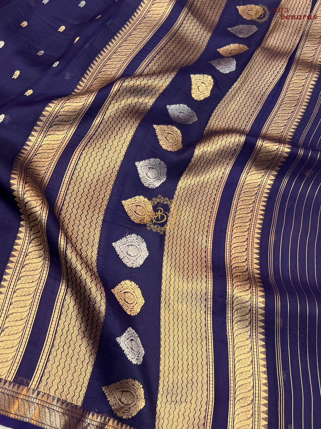 Mid Night Blue Pure Kora Silk Handloom Banarasi Saree