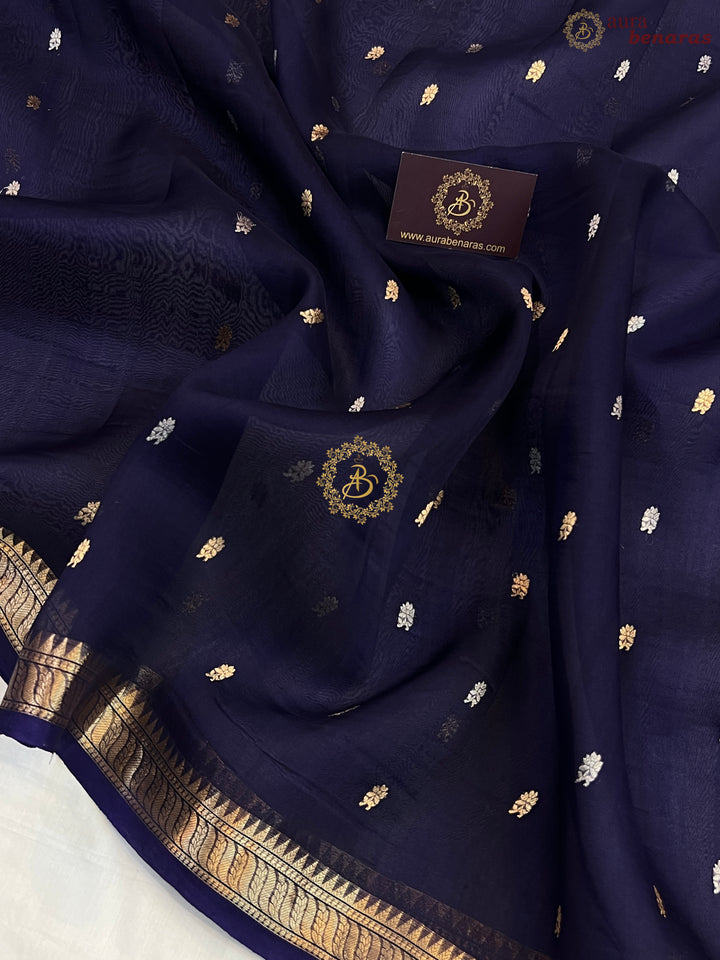 Mid Night Blue Pure Kora Silk Handloom Banarasi Saree