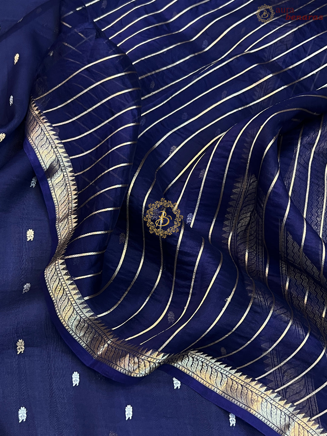 Mid Night Blue Pure Kora Silk Handloom Banarasi Saree
