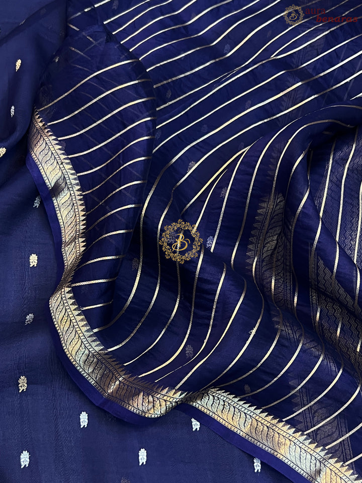 Mid Night Blue Pure Kora Silk Handloom Banarasi Saree