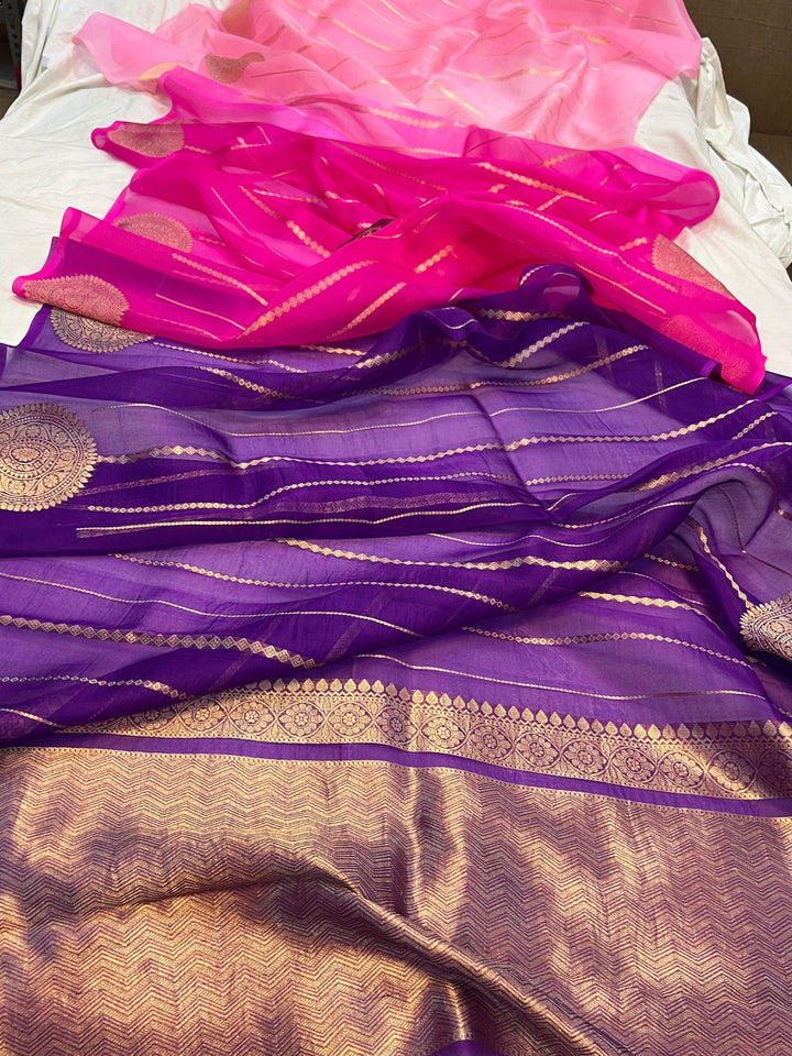 Pink - Purple Shaded Banarasi Handloom Kora Silk Saree - Aura Benaras