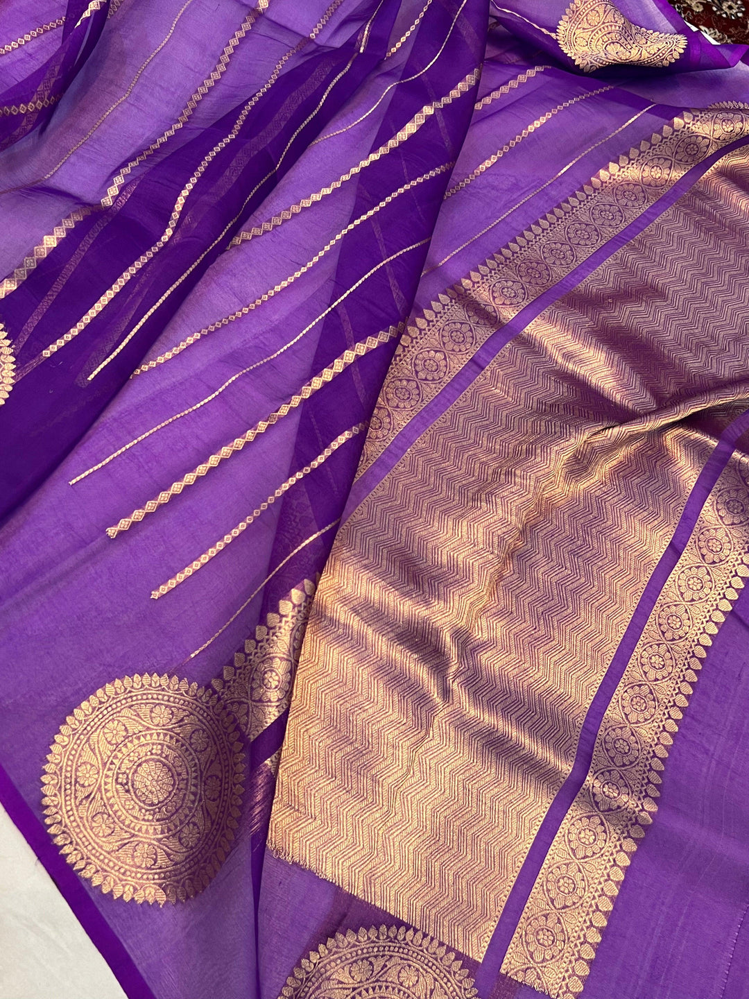 Pink - Purple Shaded Banarasi Handloom Kora Silk Saree - Aura Benaras