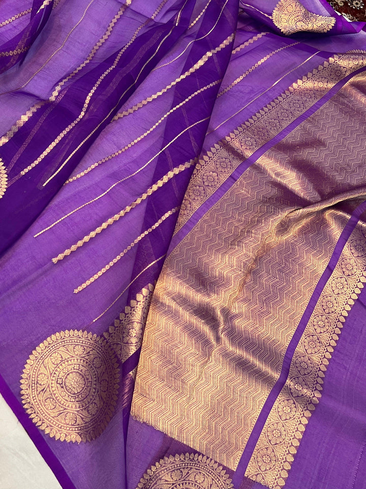 Pink - Purple Shaded Banarasi Handloom Kora Silk Saree - Aura Benaras