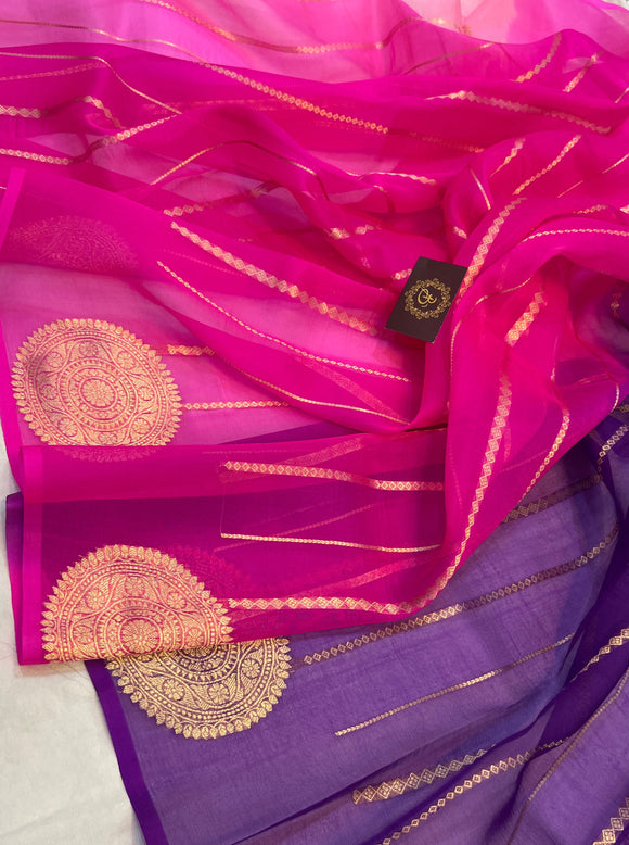 Pink - Purple Shaded Banarasi Handloom Kora Silk Saree - Aura Benaras