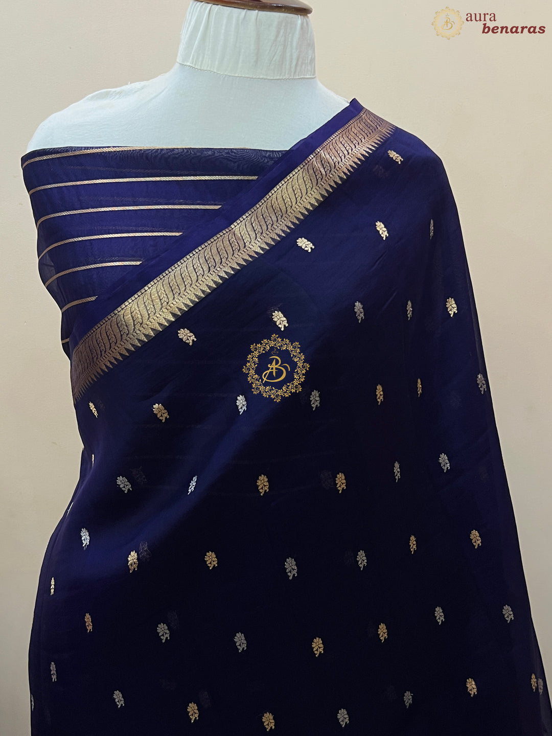 Mid Night Blue Pure Kora Silk Handloom Banarasi Saree