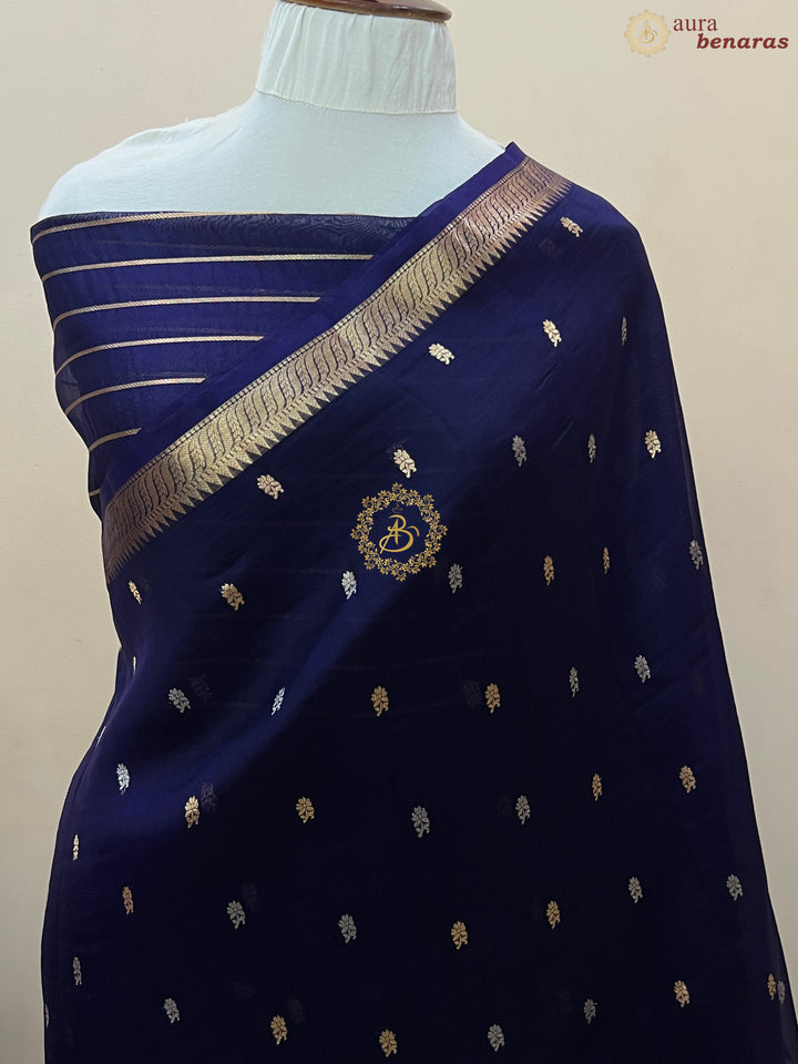 Mid Night Blue Pure Kora Silk Handloom Banarasi Saree
