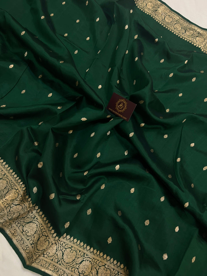 Bottle Green Pure Banarasi Handloom Silk Saree - Aura Benaras