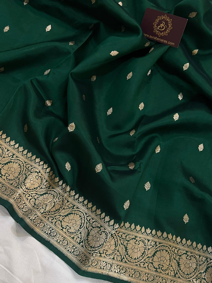 Bottle Green Pure Banarasi Handloom Silk Saree - Aura Benaras
