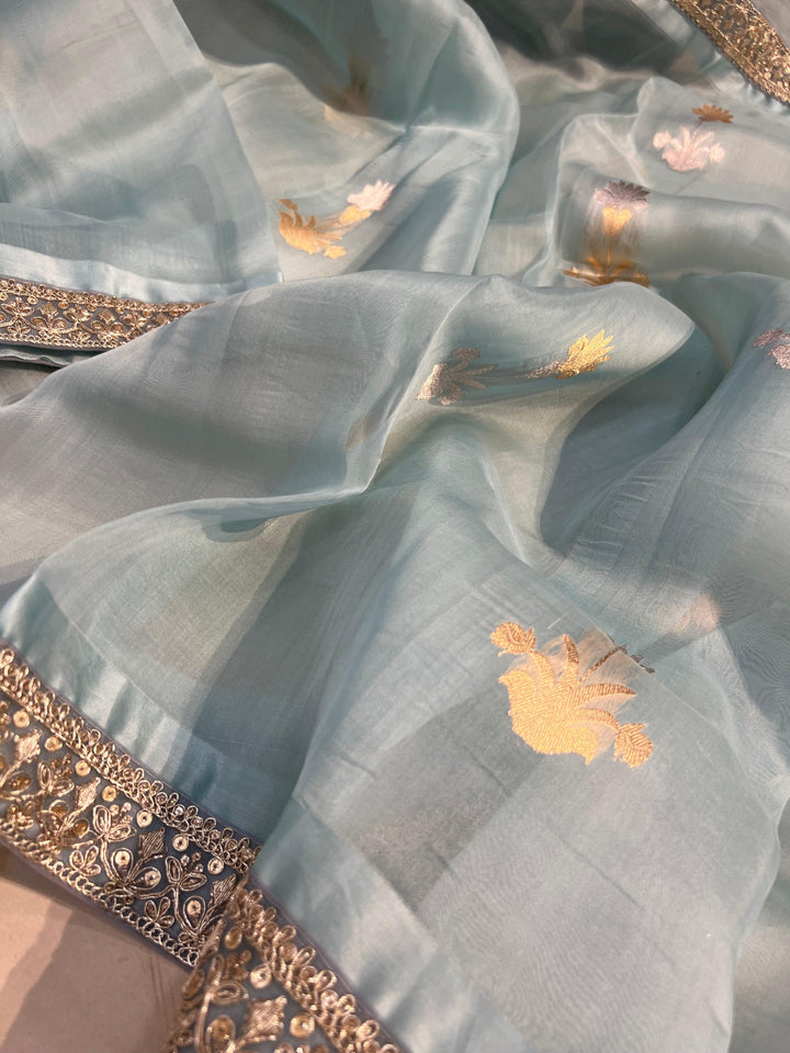 Pani Blue Banarasi Handloom Kora Silk Saree - Aura Benaras