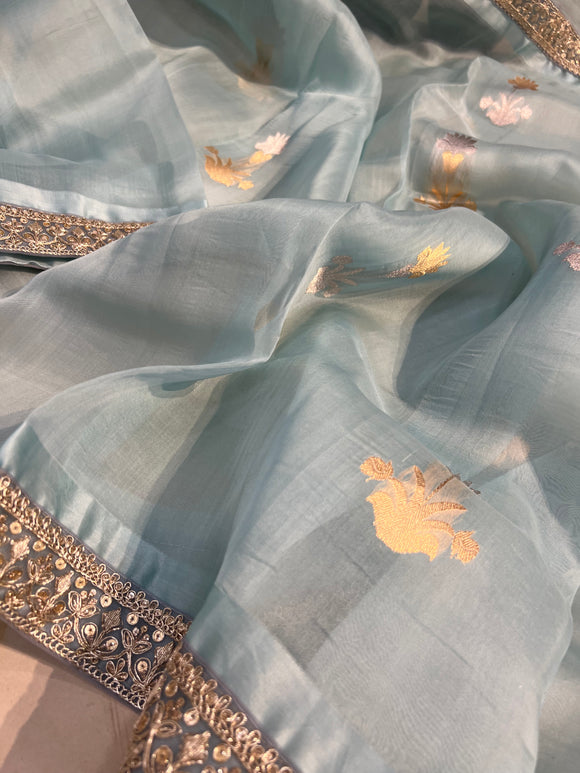 Pani Blue Banarasi Handloom Kora Silk Saree - Aura Benaras