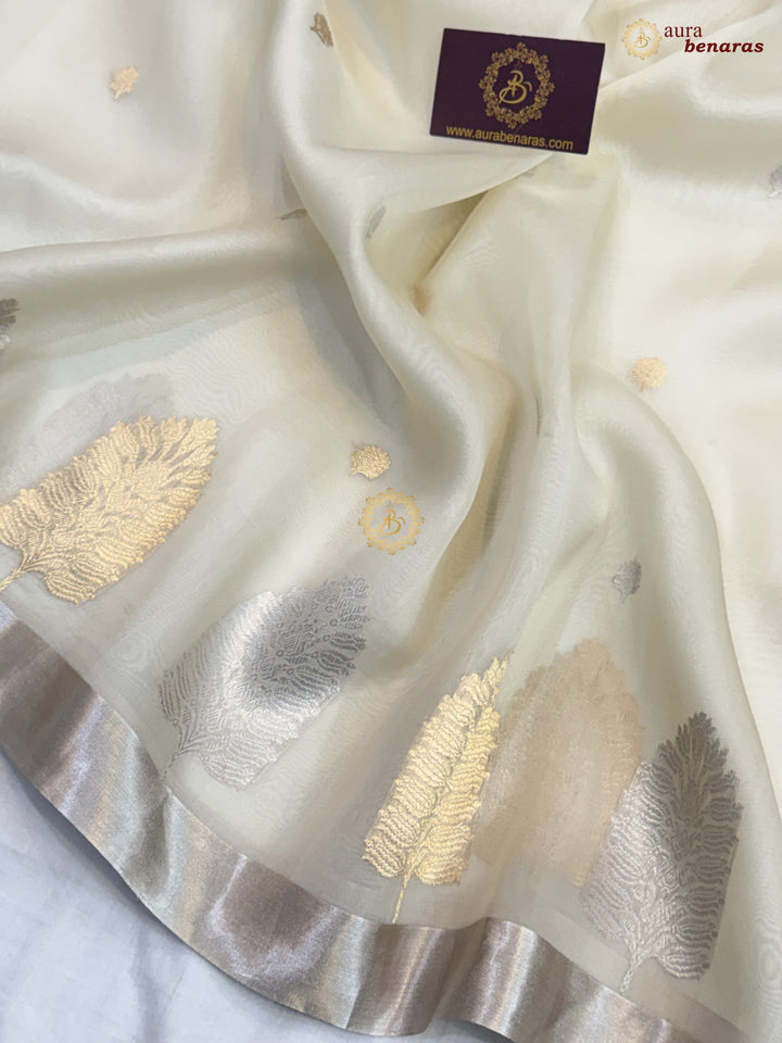 Off White Pure Silk Banarasi Saree with Kadhwa Floral Motifs 