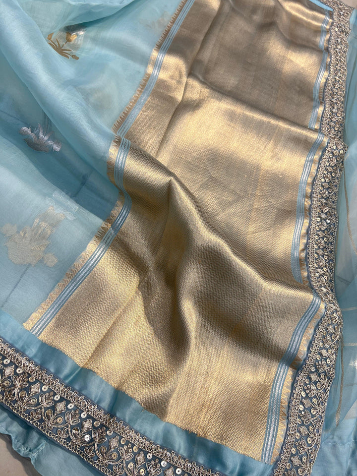 Pani Blue Banarasi Handloom Kora Silk Saree - Aura Benaras