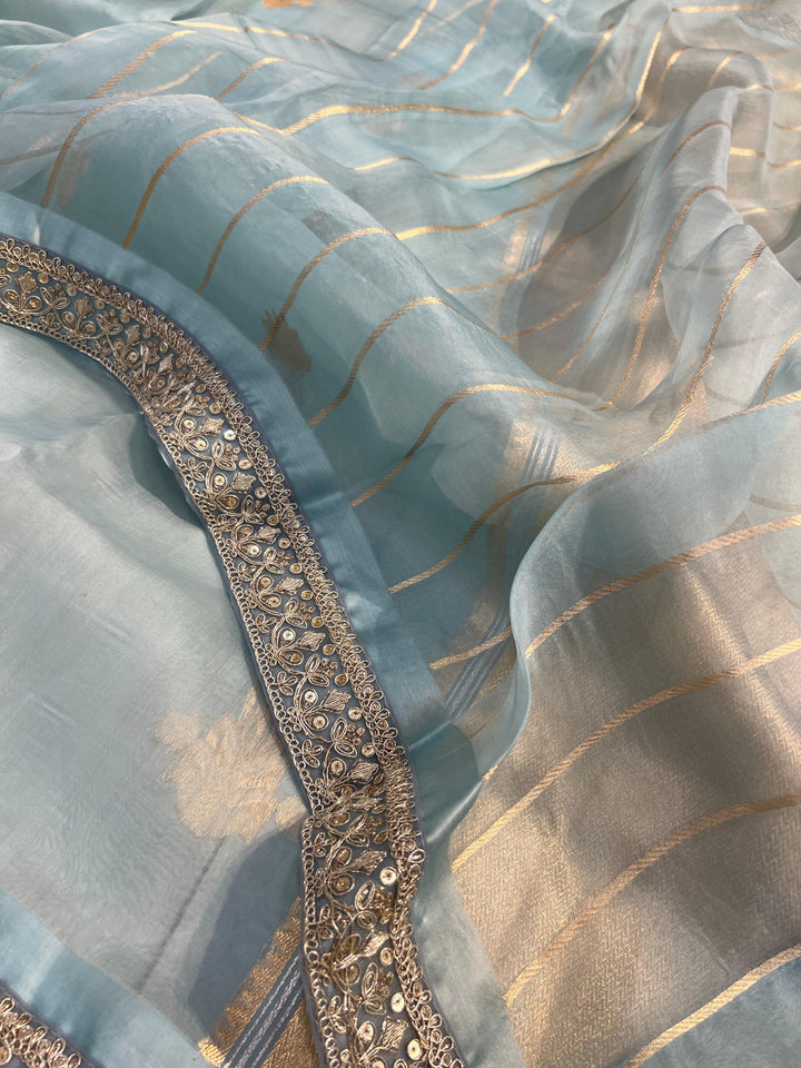 Pani Blue Banarasi Handloom Kora Silk Saree - Aura Benaras