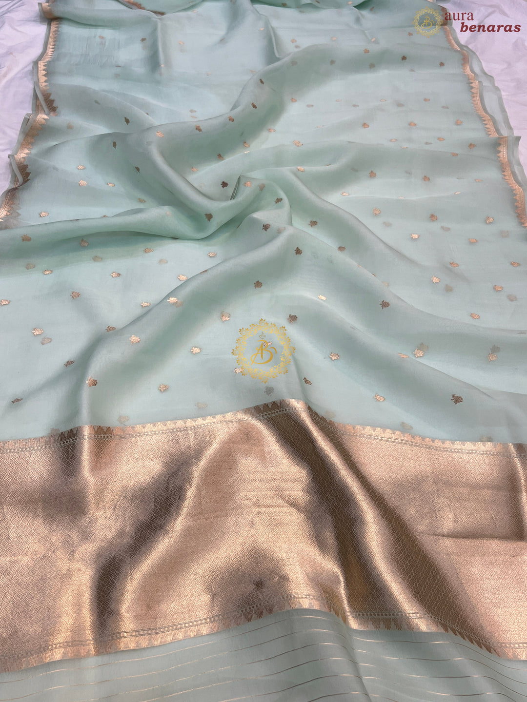 Pastel Mint Green Pure Kora Silk Handloom Banarasi Saree