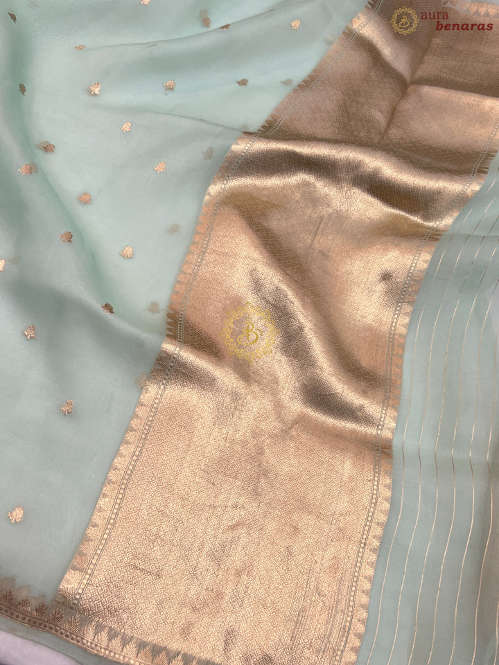Pastel Mint Green Pure Kora Silk Handloom Banarasi Saree