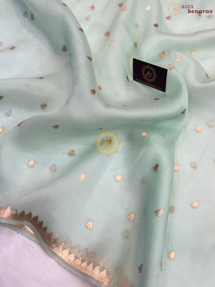 Pastel Mint Green Pure Kora Silk Handloom Banarasi Saree