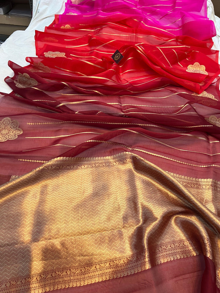 Pink - Red - Maroon Shaded Banarasi Handloom Kora Silk Saree - Aura Benaras