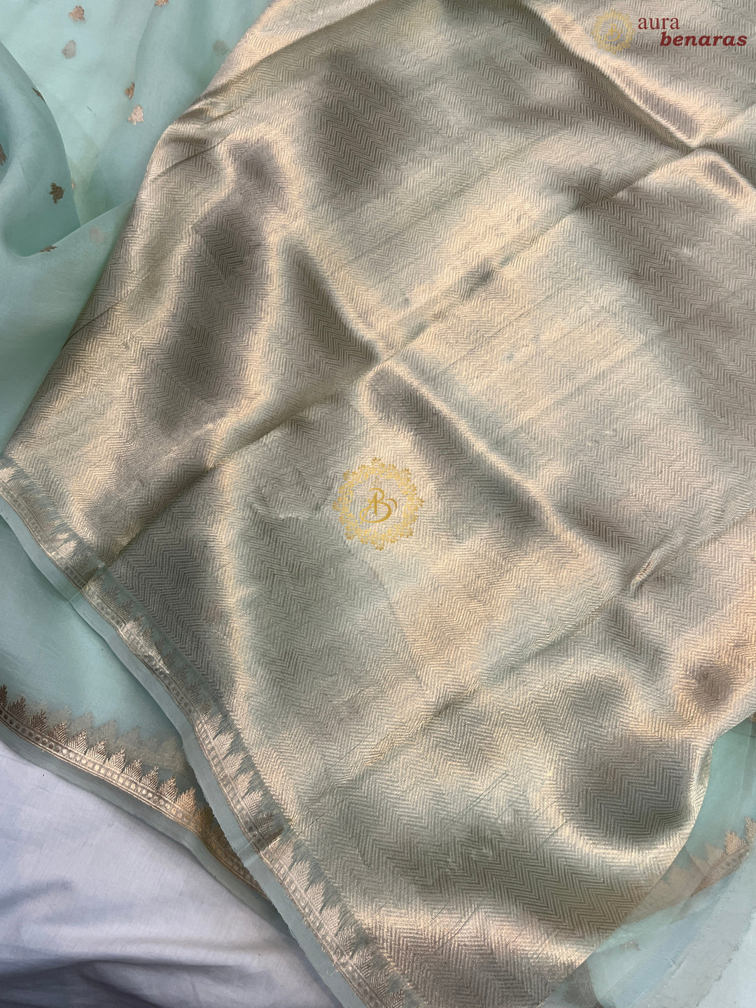 Pastel Mint Green Pure Kora Silk Handloom Banarasi Saree