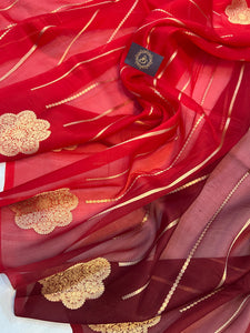 Pink - Red - Maroon Shaded Banarasi Handloom Kora Silk Saree - Aura Benaras