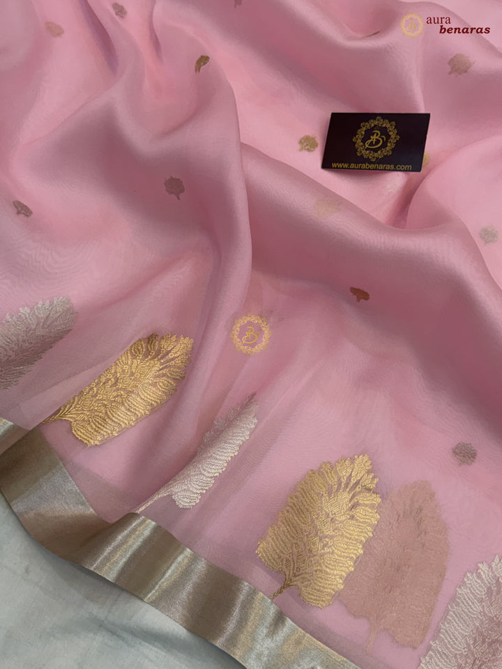 Baby Pink Pure Silk Banarasi Saree with Kadhwa Floral Motifs 