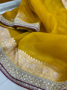 Yellow Banarasi Handloom Kora Silk Saree - Aura Benaras