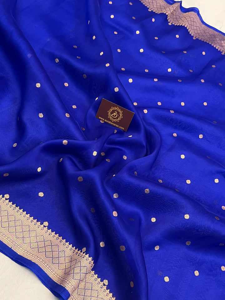 Royal Blue Pure Kora Silk Banarasi Saree with Zari Butis & Konia