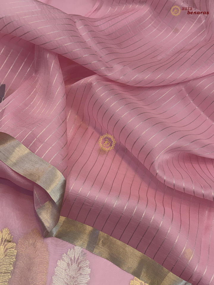 Baby Pink Pure Silk Banarasi Saree with Kadhwa Floral Motifs 