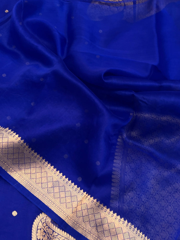 Royal Blue Pure Kora Silk Banarasi Saree with Zari Butis & Konia
