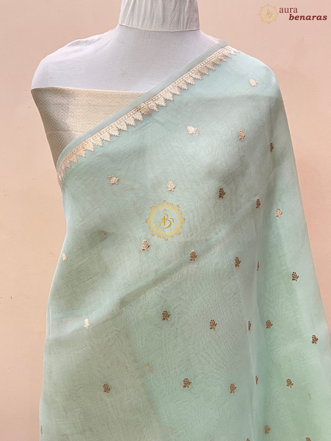 Pastel Mint Green Pure Kora Silk Handloom Banarasi Saree