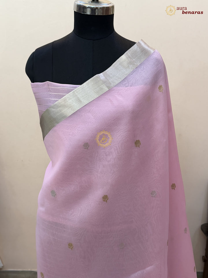 Baby Pink Pure Silk Banarasi Saree with Kadhwa Floral Motifs 
