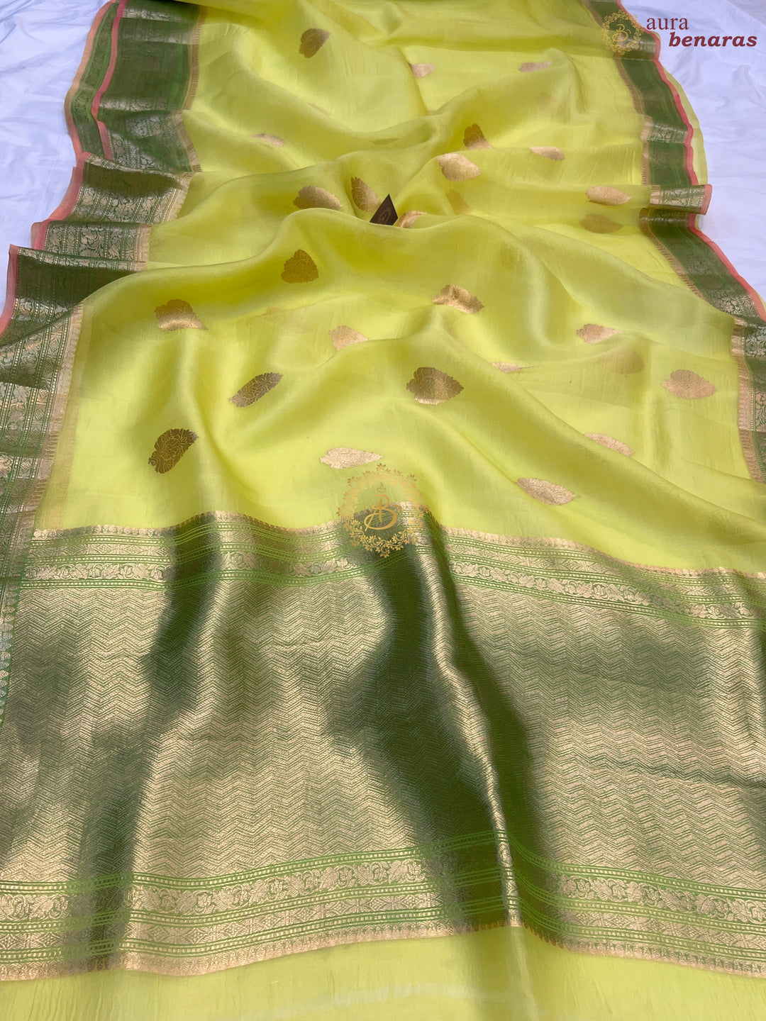 Pre Order :: Lime Green Pure Banarasi Handloom Kora Silk Saree